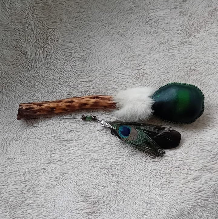 Handmade Shamanic Rattle: BLACK/GREEN tie-dye with CRYSTALS