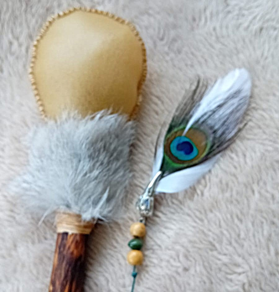 Handmade Shamanic Rattle: NATURAL BUFFALO with CRYSTALS