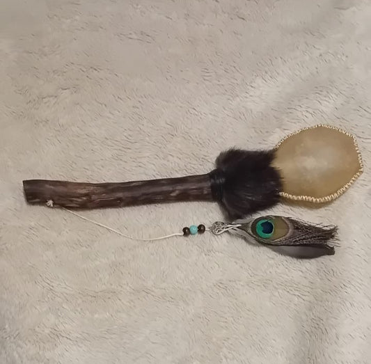 Handmade Shamanic Rattle: NATURAL BUFFALO with CRYSTALS