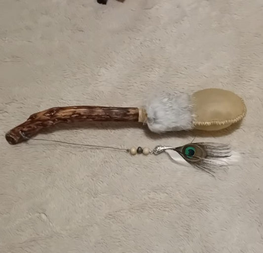 Handmade Shamanic Rattle: NATURAL BUFFALO with CRYSTALS