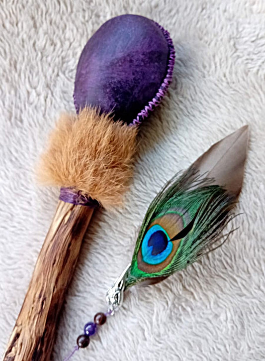 Handmade Shamanic Rattle:  PURPLE with CRYSTALS